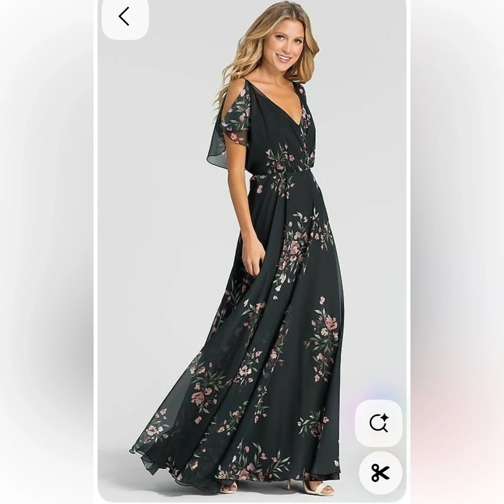 Jenny Yoo Cassie
Flutter Sleeve
Surplice Gown
Black with Floral Pattern. - Picture 5 of 16
